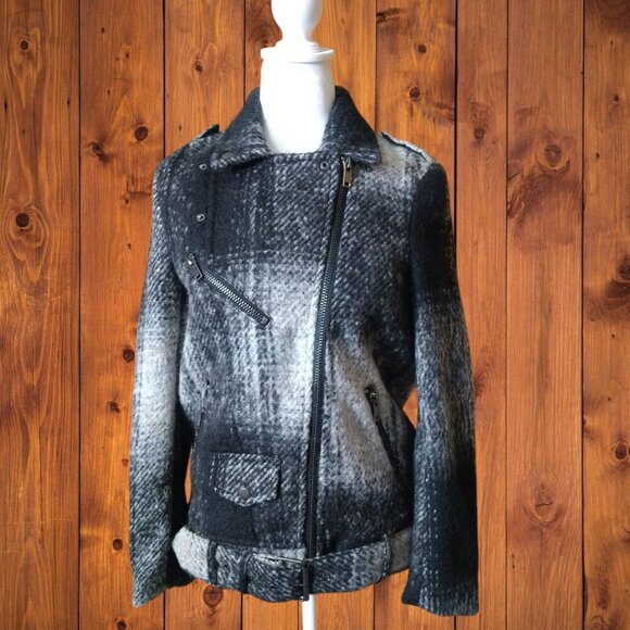 Divided H&M Women's Size 2 Wool Blend Plaid Belted Moto Biker Jacket Black/Gray - Picture 5 of 11